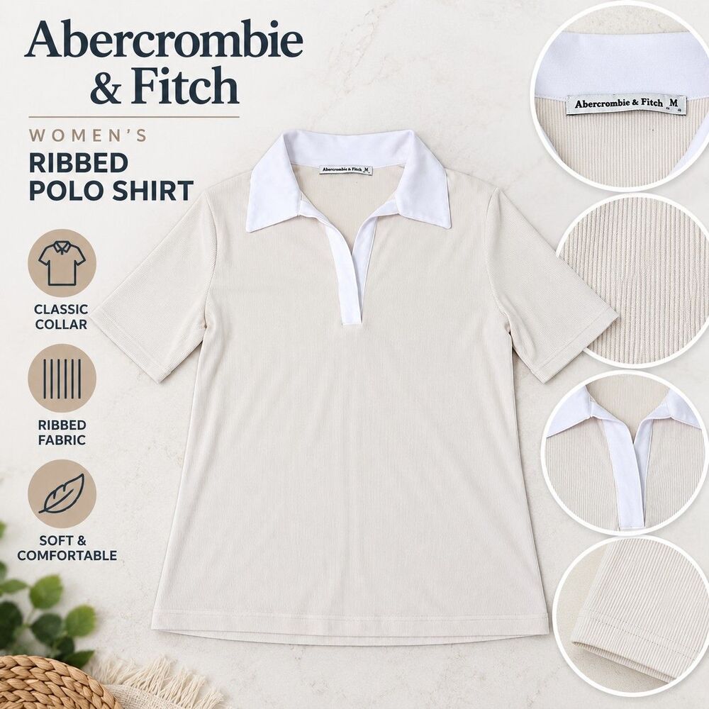 Abercrombie & Fitch Women's M Cream Ribbed Polo Shirt Collared Top